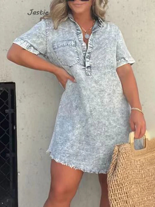 Lapel Short Sleeve Mini Dress Simple Casual Straght Women Summer Dress Long T-shirts