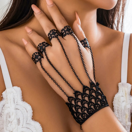 Creative Vintage Black Lace Finger Wrist Chain Rings Bracelets for Women Metal Connecting Hand Harness Bangles Halloween Jewelry