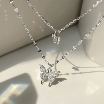 LATS New Shiny Butterfly Necklace Ladies Exquisite Double Layer Clavicle Chain Necklace Jewelry for Ladies Gift