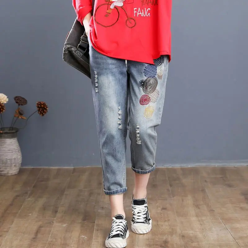 Vintage Y2K Women Baggy Jeans Spring Summer New Ankle-Length Pants Elastic Waist Denim Printing Korean Hole Full Trousers 2023