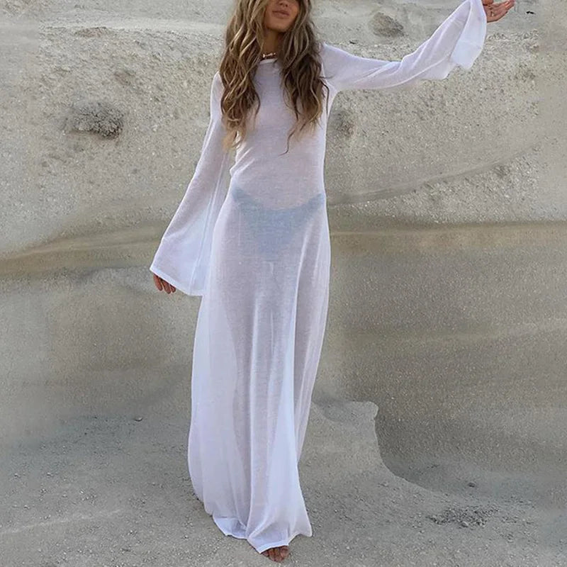 Backless Mesh See Through Long Sleeve Women Dress 2023 Summer Casual Sexy White Maxi Beach Dresses O Neck Solid Loose Outfits