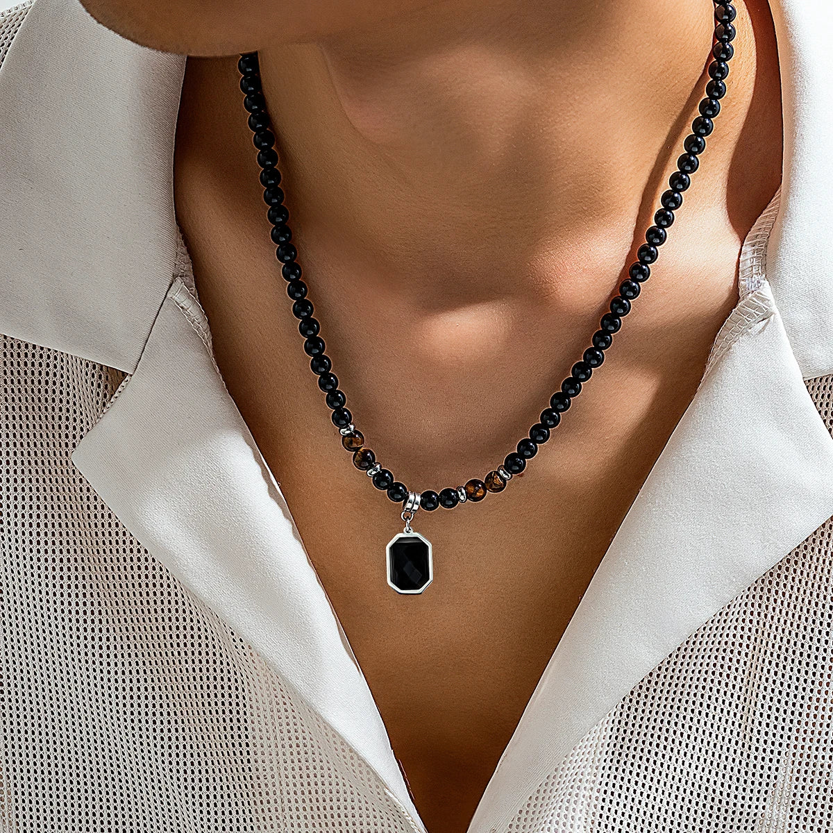 PuRui Hip Hop Stainless Steel Geometric Pendant Necklace for Men Black Acrylic Natural Stone Beads Choker Boy Neck Chain Jewelry