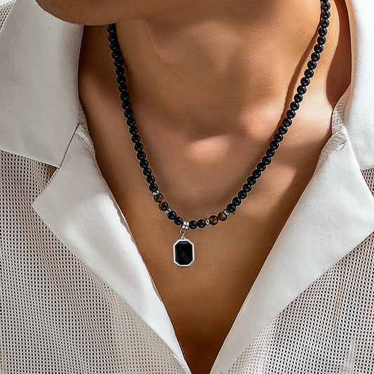 PuRui Hip Hop Stainless Steel Geometric Pendant Necklace for Men Black Acrylic Natural Stone Beads Choker Boy Neck Chain Jewelry