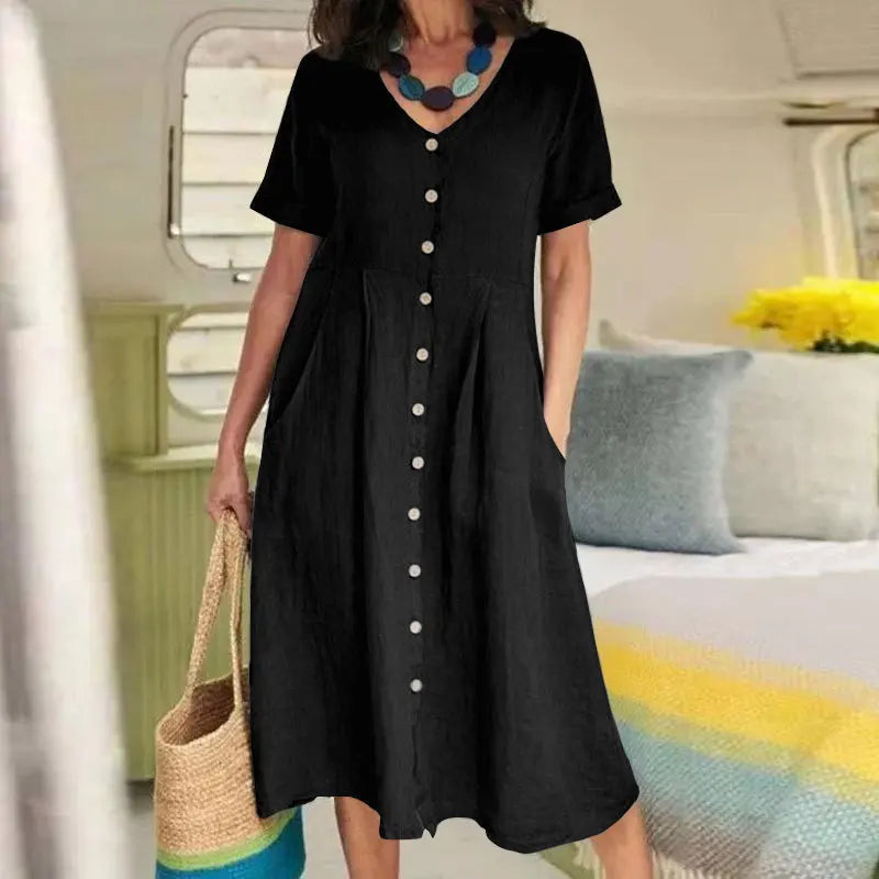 Women's Clothing Summer Casual V Neck Short Sleeve Cotton Linen Midi Dress Solid Loose High Waist Elegant Party Dresses Vestidos