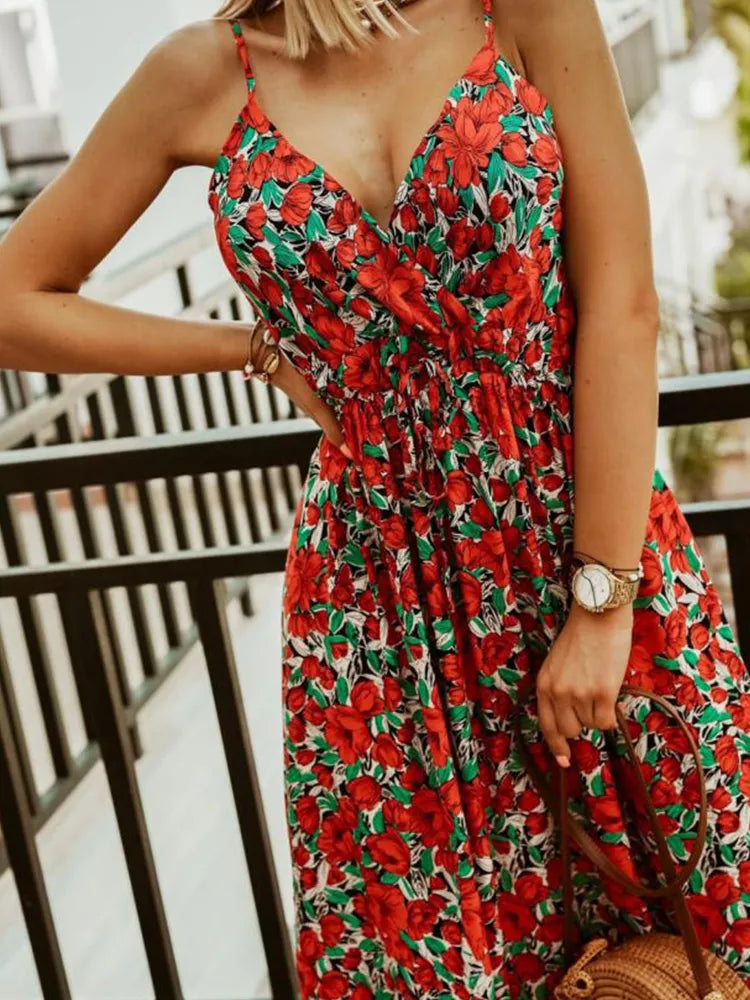 2023 Summer Ladies Beach Casual Backless Long Dress Women's Robe Suspenders Sexy Thin Straps Floral Boho Long Dress Women