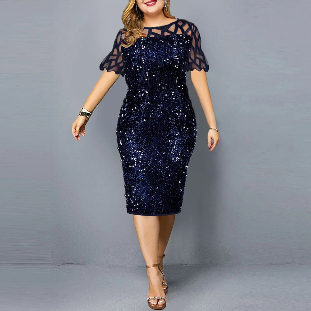 Big Size Clothing 2023 Summer Loose Short Sleeve Woman Dress Elegant Personalized Sequin Design Plus Size Dress Party Vestidos