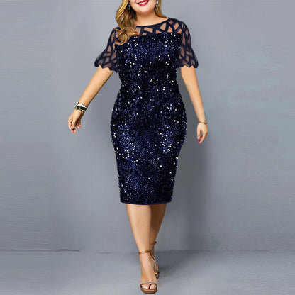 Big Size Clothing 2023 Summer Loose Short Sleeve Woman Dress Elegant Personalized Sequin Design Plus Size Dress Party Vestidos