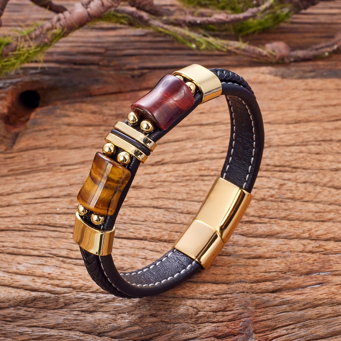 Geometric Shape Red Blue Gold Color Tiger Eye Bracelets & Bangles Woven Leather Rope Stainless Steel Men's Handmade Jewelry