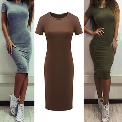 Summer Dresses Women Knee-Length Skinny Office Dress Short Sleeve Bandage Bodycon Beach Dress Vestidos Robes 3 Colors S-XL