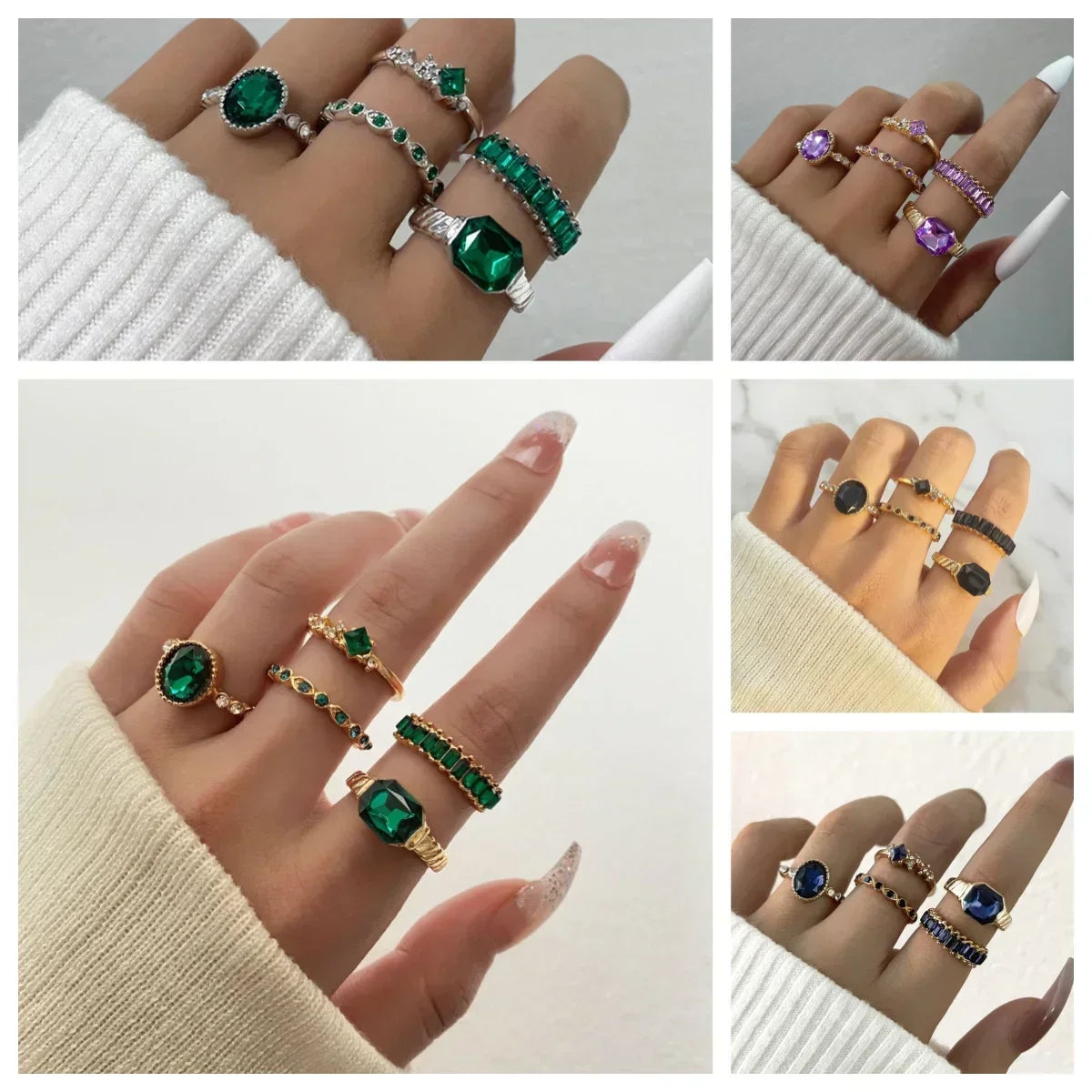 Vintage Crystal Ring Sets for Women Aesthetic Geometric Luxury Lady Jewelry Gift 2023 Fashion Pearl Rings 5pcs/6pcs/10pcs