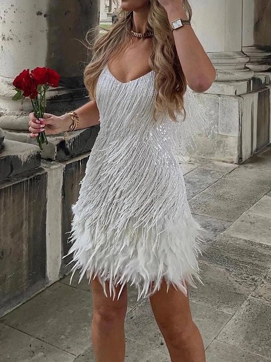 Women Sling Sequined  Evening Dress Luxury Sleeveless V Neck Tassels Feather Club Party Summer Short Dress vestidos para mujer