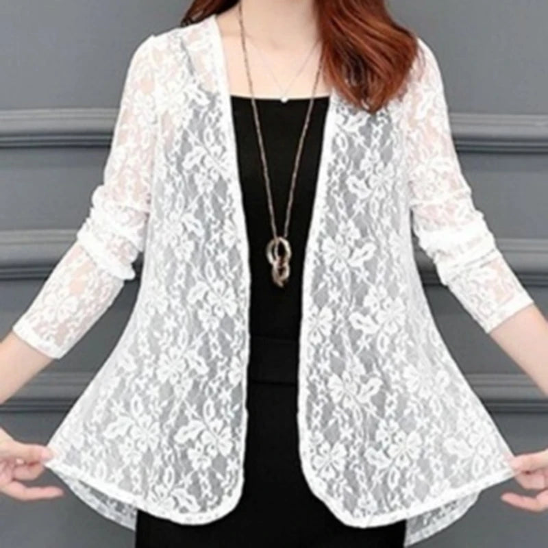 Women Summer Hollow Cardigan Shirt Sunproof Blouse Boho Tops Beach Lace Chiffon Sunscreen Outwear Casual Long Sleeve Shirt Coat