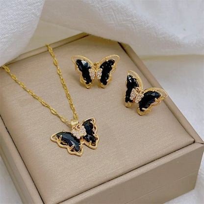 Fashion European and American Cute Micro-inlaid Butterfly Necklace Earrings Set Classic Light Luxury Transparent Stainless Steel