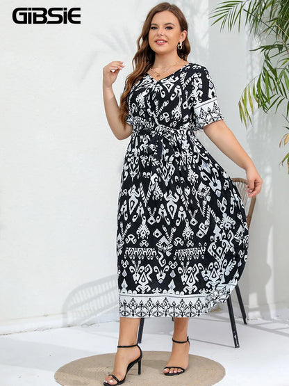 GIBSIE Plus Size stampa etnica con cintura maxi abito donna 2024 primavera estate manica corta vacanza Boho Beach abiti elastici a-line