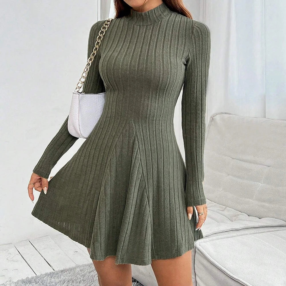 Mia Muse Women's Dresses Autumn Winter Korean Simple Solid Color Long Sleeve High-Neck Mini Wrap Casual Dresses