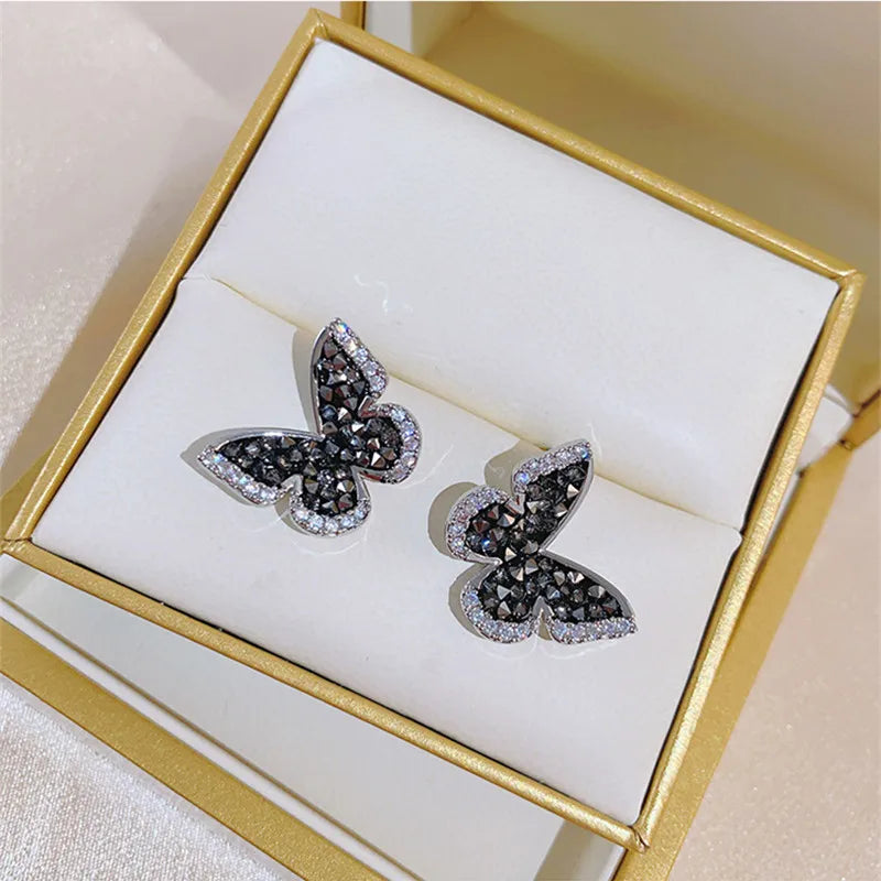 Inlaid Zircon Black Crystal Silver Colour Butterfly Earrings Women's Personality Fashion Earrings Wedding Jewelry Birthday Gifts