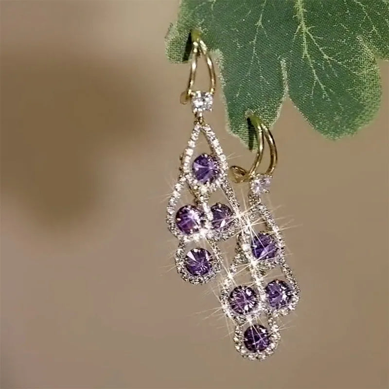 Purple Crystal Water Drop Long Tassel Earrings Women Design Sparkling Prom Accessories Party Jewelry Birthday Anniversary Gifts