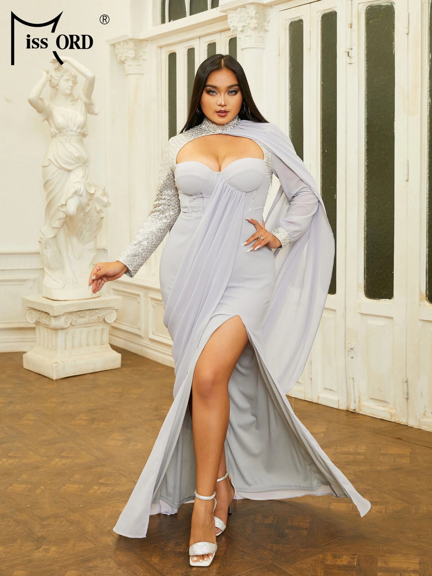 Missord Light Purple Chiffon Plus Size Evening Dresses Elegant Women Turtleneck Long Sleeve Cutout Thigh Split Party Prom Dress