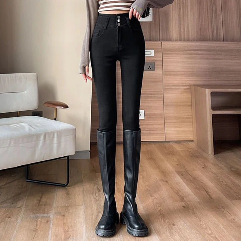 Korean Three Buttons Ankle-length Pencil Denim Pants Female Classic High Waist Skinny Stretch Womens Jeans Elegant Denim Pants