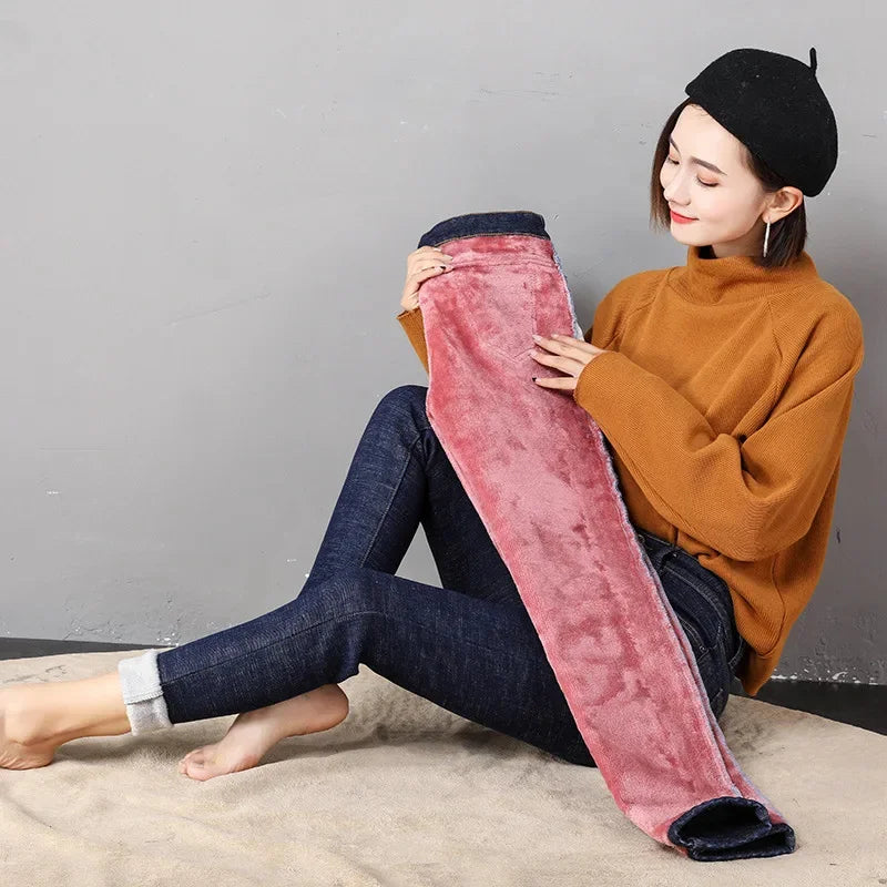 Women Thermal Jeans Winter Snow Warm Plush Stretch Jeans Lady Skinny Thicken Fleece Denim Long Pants Retro Blue Pencil Trousers