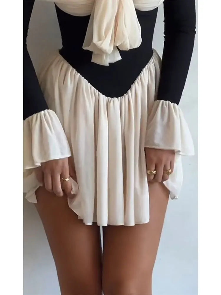 Off Shoulder Ruffles Patchwork Mini Dress Women Sexy Backless Long Sleeve High Waist Slim Dresses Elegant Female Street Vestidos