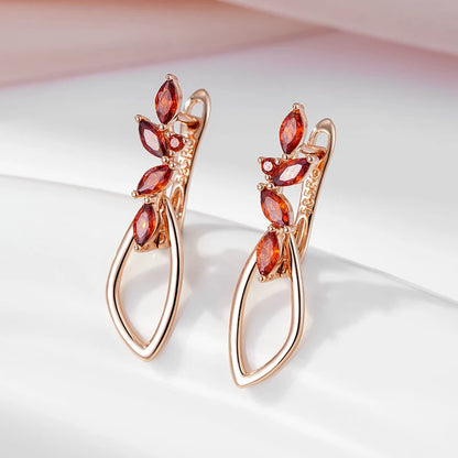 SYOUJYO Orange Red Natural Zircon Long Earrings For Women Fine Jewerly 585 Rose Gold Color Dangle Earrings