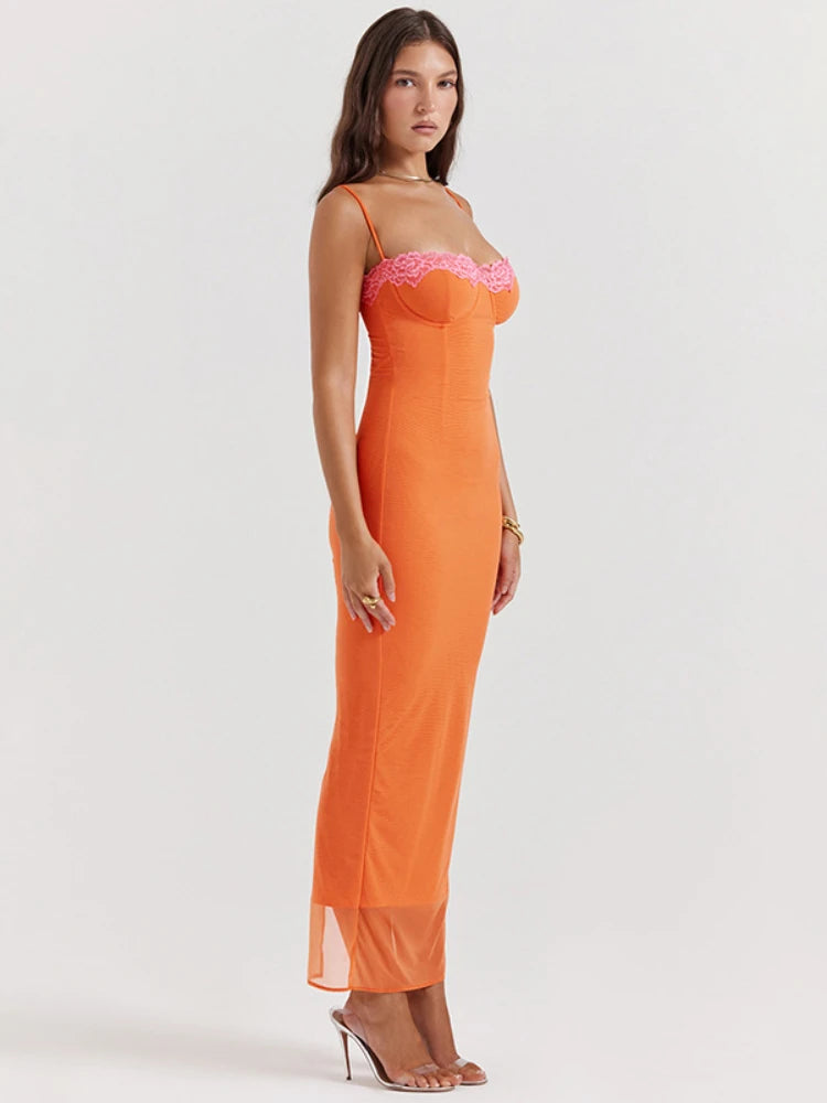 Laxsesu Strapless Lace Dress Spaghetti Strap Backless Sexy Orange Mesh Dress Elegant Party Evening Maxi Dresses for Women 2023