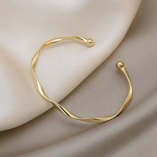 Fashion Opening Bangle Gold Color Glossy Twisted Thin Bangles For Women Female Open Minimalist Style Charm Cuff Bracelet Jewelry