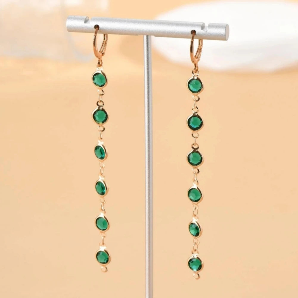 South Korea Colorful Drop Rhinestone Earstring Fashion Temperament Simple Green Round Bead Long Tassel Earrings Women's Jewelry