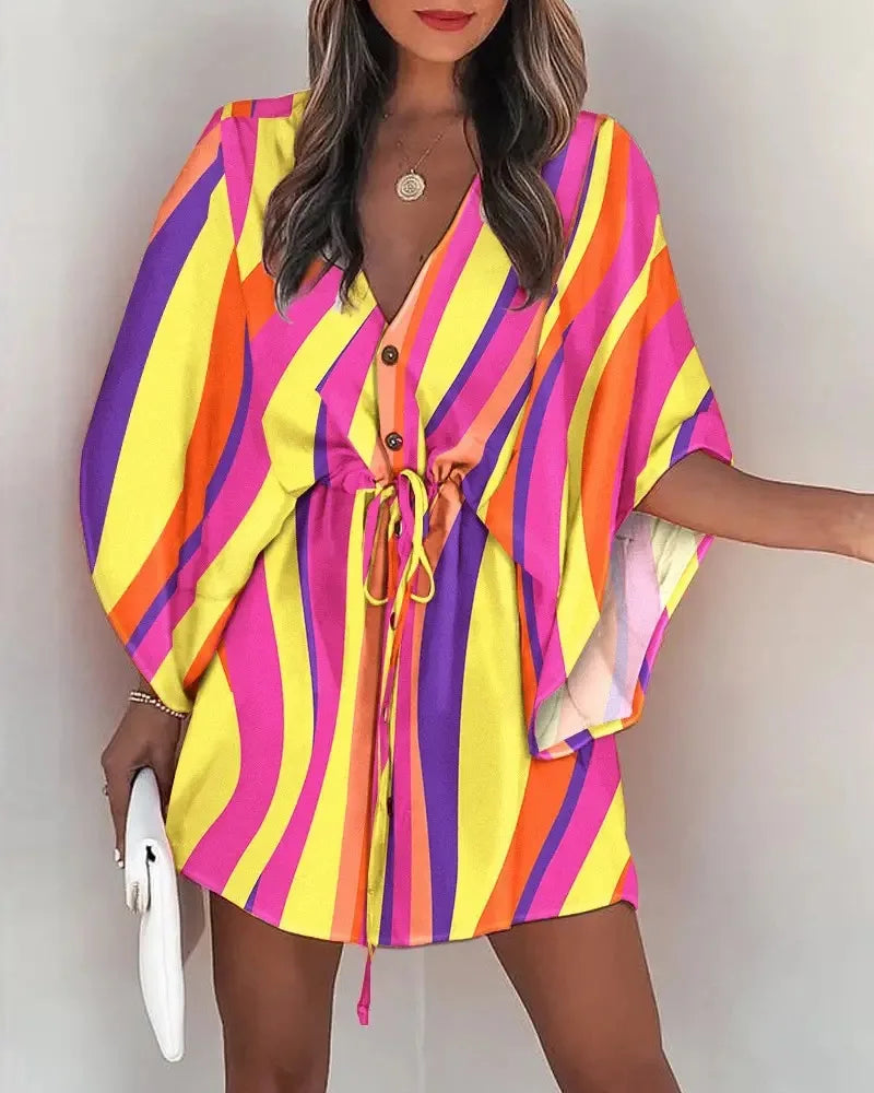 Women's Summer Flying Sleeves Sexy V-neck Lace Up Print Beach Dress 2023 Women's Spring Quarter Sleeve Loose Button Mini Dress