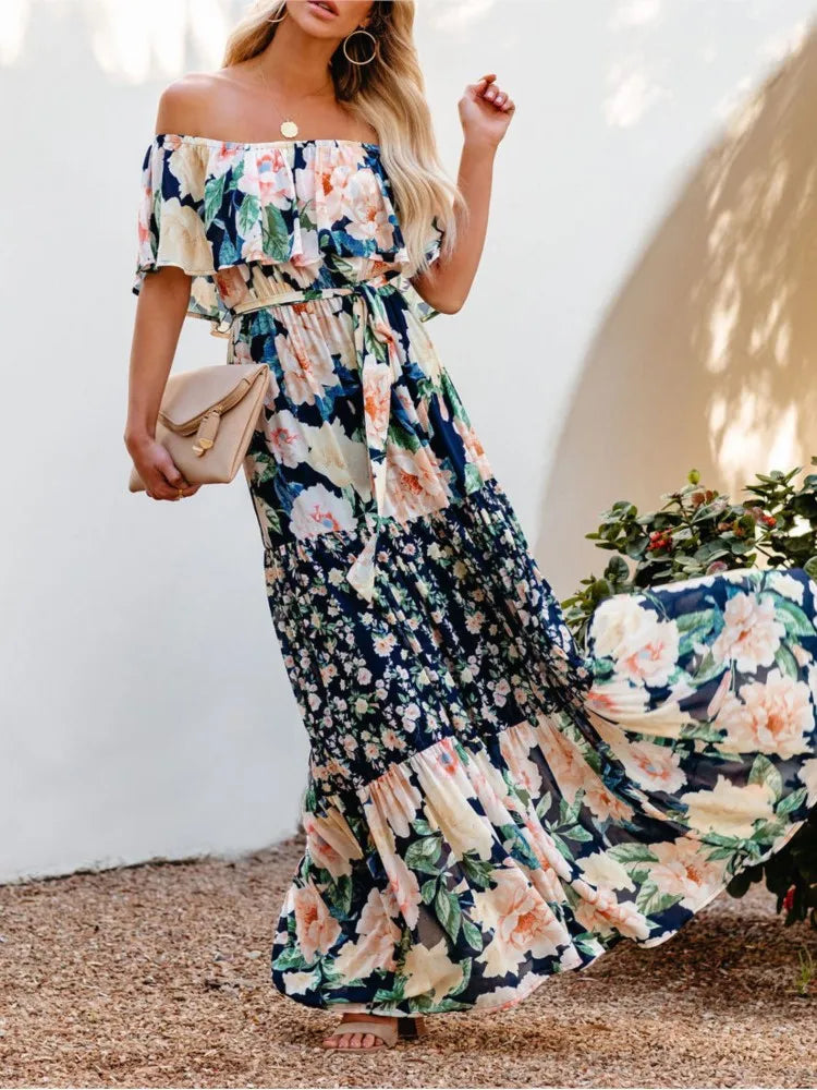 Summer Women Print Boho Dress Fashion Sexy Slash Neck Maxi Dresses For Femme Casual Elegant Party Vestidos Robe 2023 New Female