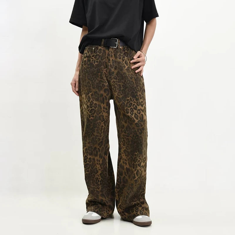 Tan Leopard Jeans Women&Men Denim Pants Female Oversize Wide Leg Trousers Street Wear Hip Hop Vintage Cotton Loose Casual