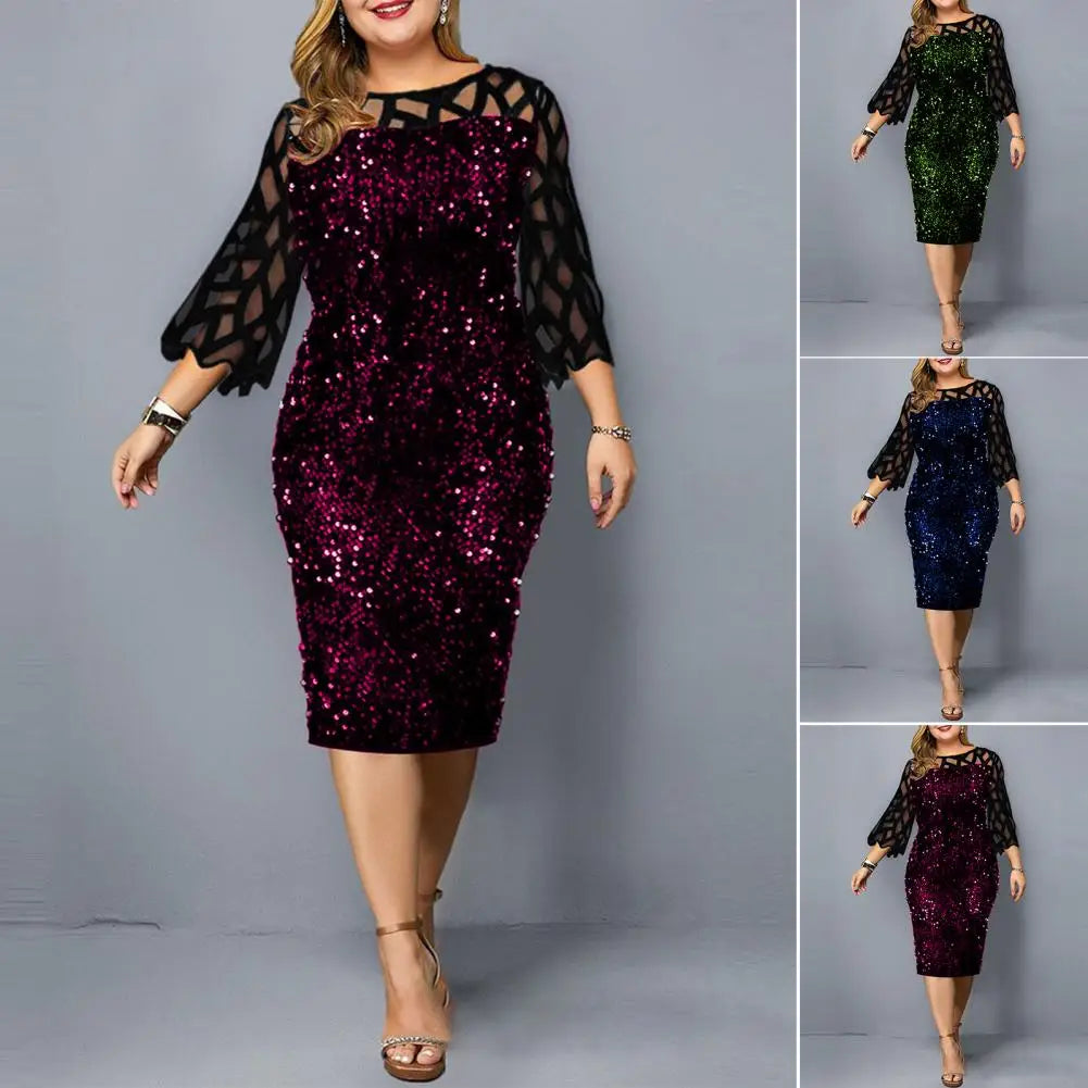 Bodycon Dress Beautiful Soft Evening Dress Sequins See-Through Mesh Patchwork Plus Size Lady Evening Dress Female Clothing