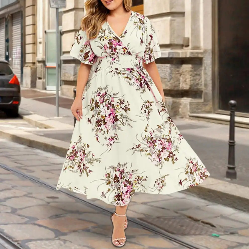 Plus Size Summer Dress Women Floral Chiffon V-Neck Short-sleeved Dress Elastic High Waist Bohemian Dress