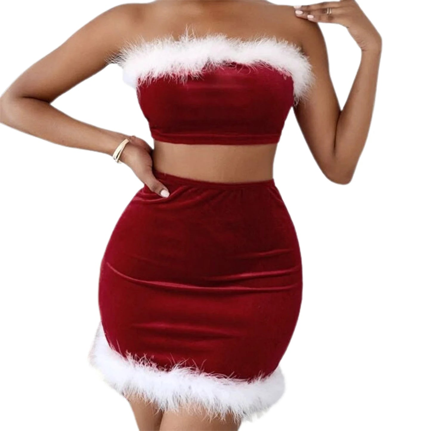 Women's Christmas Skirt Outfits Contrast Color Crop Tube Tops Bodycon Mini Skirt Lingerie Festival Costumes Party Dress Sets