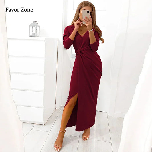 Women Elegant Bodycon Evening Party Long Dresses 2023 Autumn Winter Sexy High Spilt Long Sleeve Office Lady Maxi Dress Vestidos