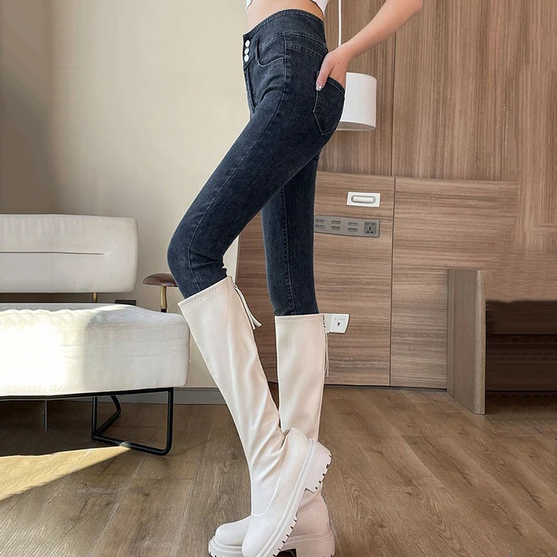 Korean Three Buttons Ankle-length Pencil Denim Pants Female Classic High Waist Skinny Stretch Womens Jeans Elegant Denim Pants