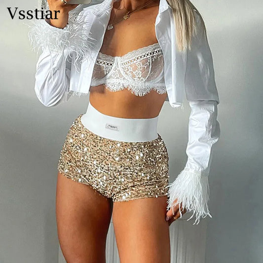 Vsstiar High Waist Mini Shorts New Fashion Sequined Glitter Clothing Sexy Skinny Party Nightclub Women Shorts