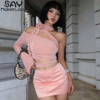 Sexy Women Top Hollowed Out Navel Hanging Neck Sexy Diagonal Shoulder Single Sleeve Flower Halter Hotsweet Club Party Dresses