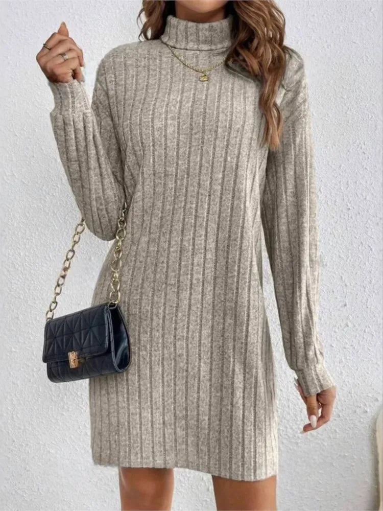 Autumn Winter Dress Woemn Casual Trutleneck Long Sleeve Solid Knitted Dress 2024 New Fashion Loose Comfortable Dresses Female