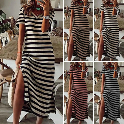 Abiti estivi 2023 Donna Abiti taglie forti per le donne Casual Stripe Stampa Scollo a V Manica corta Abito lungo allentato Robe Femme