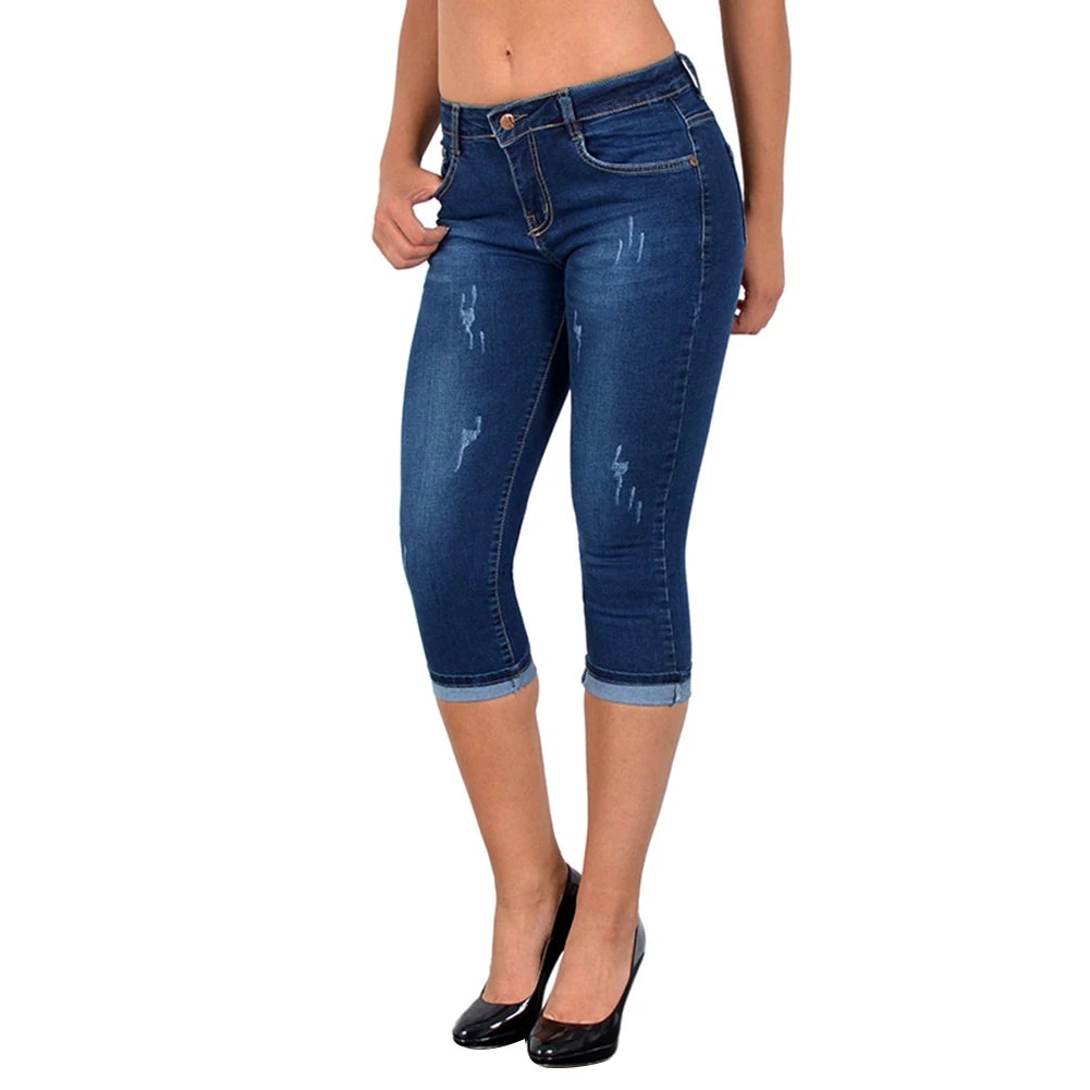 2023 Summer Ladies Knee Length Denim Shorts Capri Pants High Waist Skinny Jeans Slim Stretch Printed Leggings Shorts Pants 