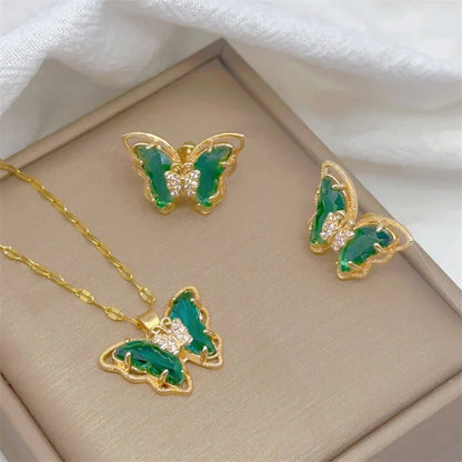 Fashion European and American Cute Micro-inlaid Butterfly Necklace Earrings Set Classic Light Luxury Transparent Stainless Steel