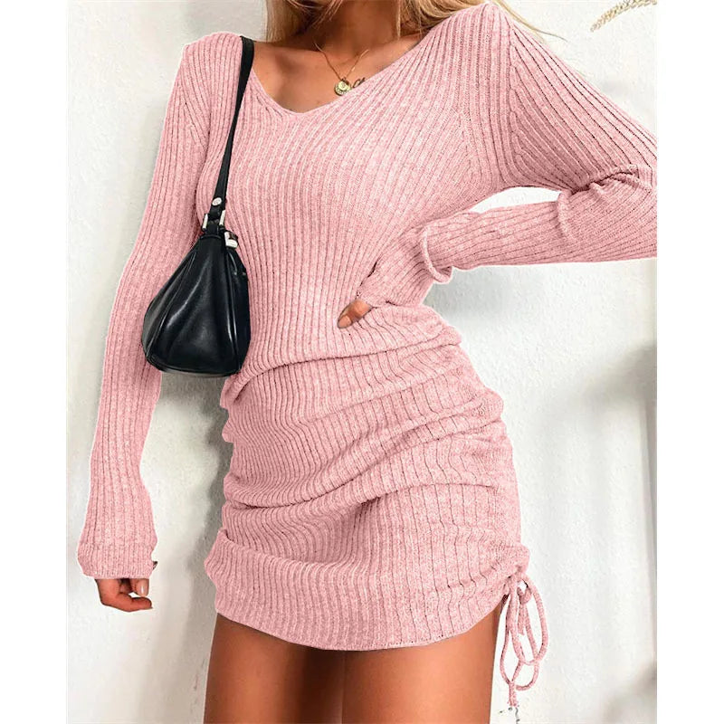 Women Autumn Winter Solid Knitted Mini Dress V Neck Long Sleeve Casual Fall Grey Drawstring Slim Bodycon Party Dresses Female