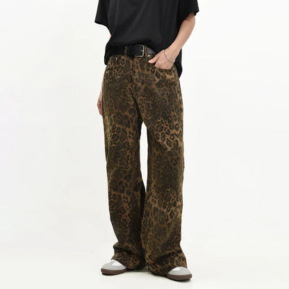 Tan Leopard Jeans Women&Men Denim Pants Female Oversize Wide Leg Trousers Street Wear Hip Hop Vintage Cotton Loose Casual