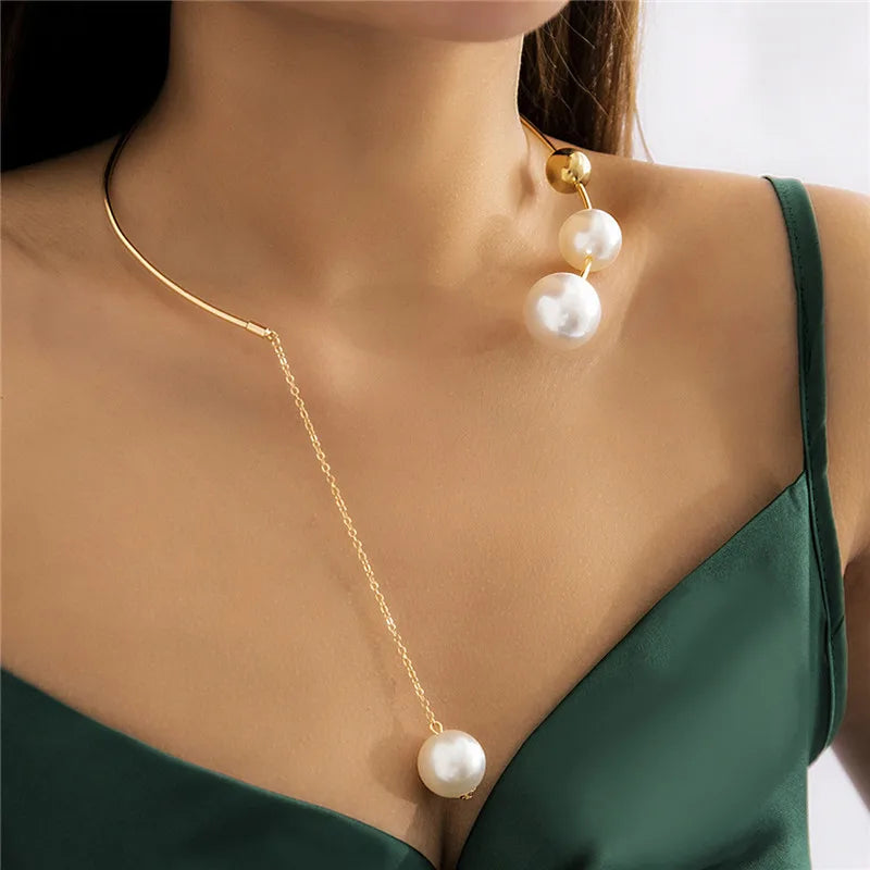 New Geometric Simple Round Bead Opening Adjustable Metal Collar Cold Wind Imitation Pearl Necklace for Women Boho Jewelry Gift