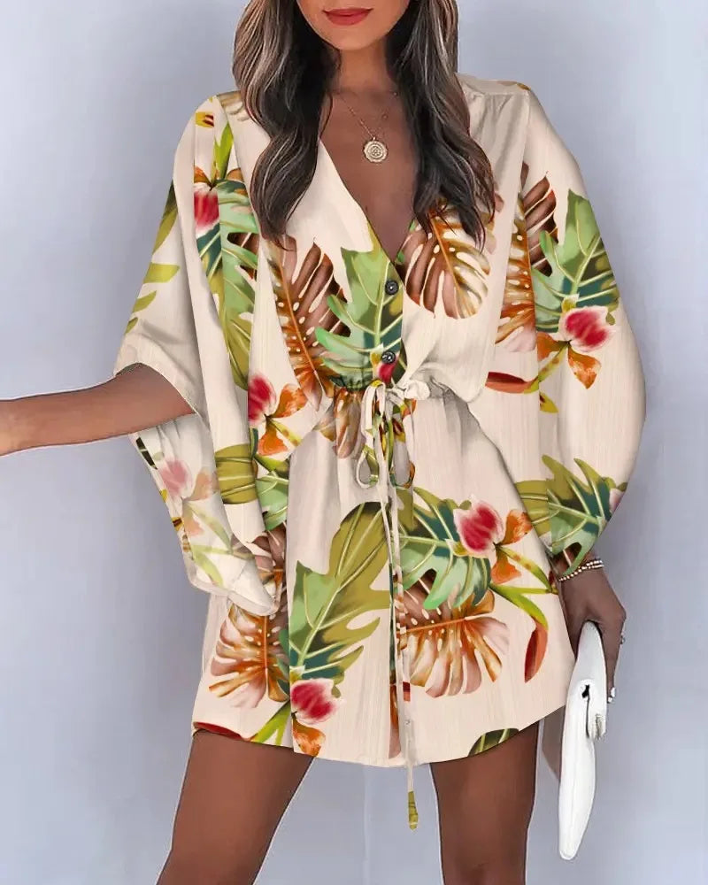 Women's Summer Flying Sleeves Sexy V-neck Lace Up Print Beach Dress 2023 Women's Spring Quarter Sleeve Loose Button Mini Dress