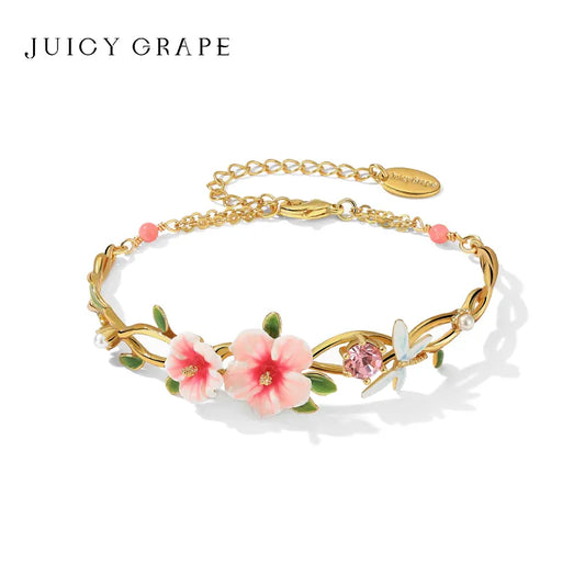 Juicy Grape 2023New Exquisite Floral Bracelet Hibiscus Dragonfly Bracelet 18K Gold Plated Enameled Craft Adjustable Chain Design
