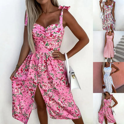 Summer Women's Floral Printed Sleeveless Beach Party Slit Dress Sexy Casual Lace-Up Backless Strapless Sundress Sukienka#g5