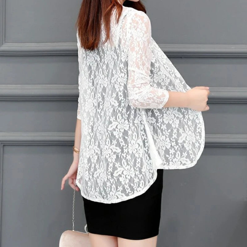 Women Summer Hollow Cardigan Shirt Sunproof Blouse Boho Tops Beach Lace Chiffon Sunscreen Outwear Casual Long Sleeve Shirt Coat